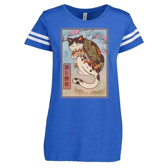 Japanese Woodblock Painting Tattooed Cat with Koi Enza Ladies Jersey Football T-Shirt