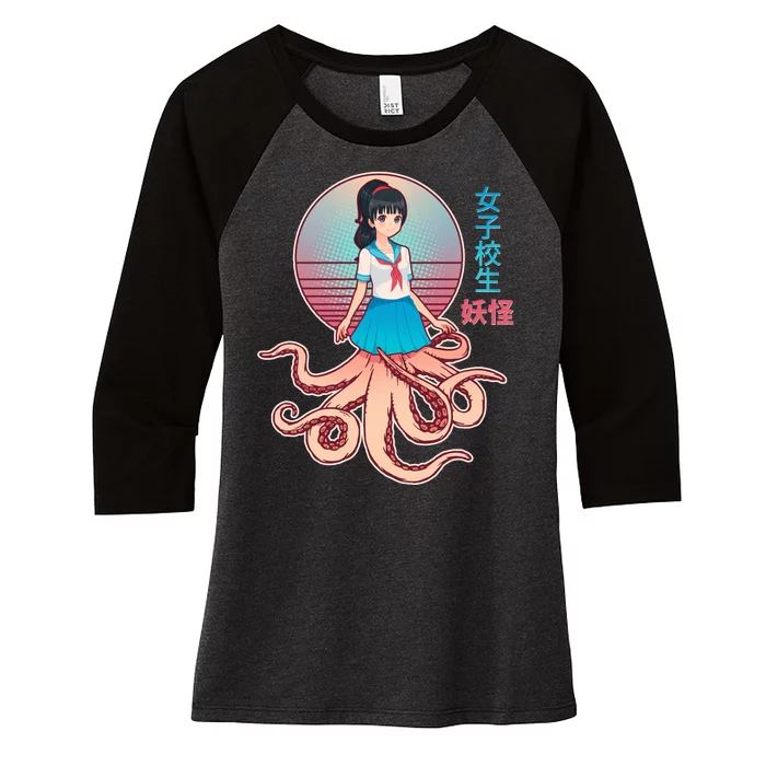 Japanese Yokai Monster Octopus School Girl Women's Tri-Blend 3/4-Sleeve Raglan Shirt