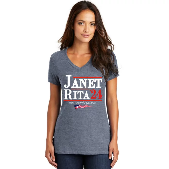 Janet And Rita 2024 Here Come The Grannies Women's V-Neck T-Shirt