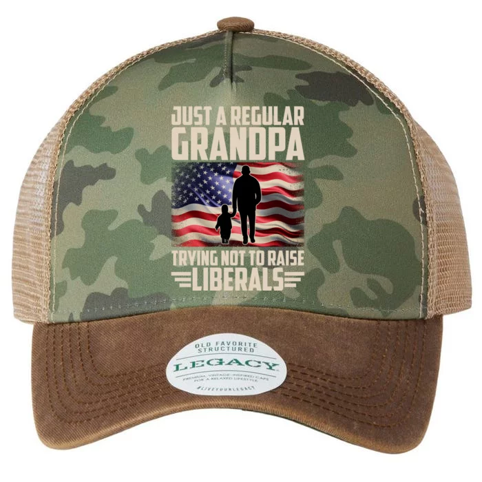 Just A Regular Grandpa Trying Not To Raise Liberals USA American Flag Legacy Tie Dye Trucker Hat