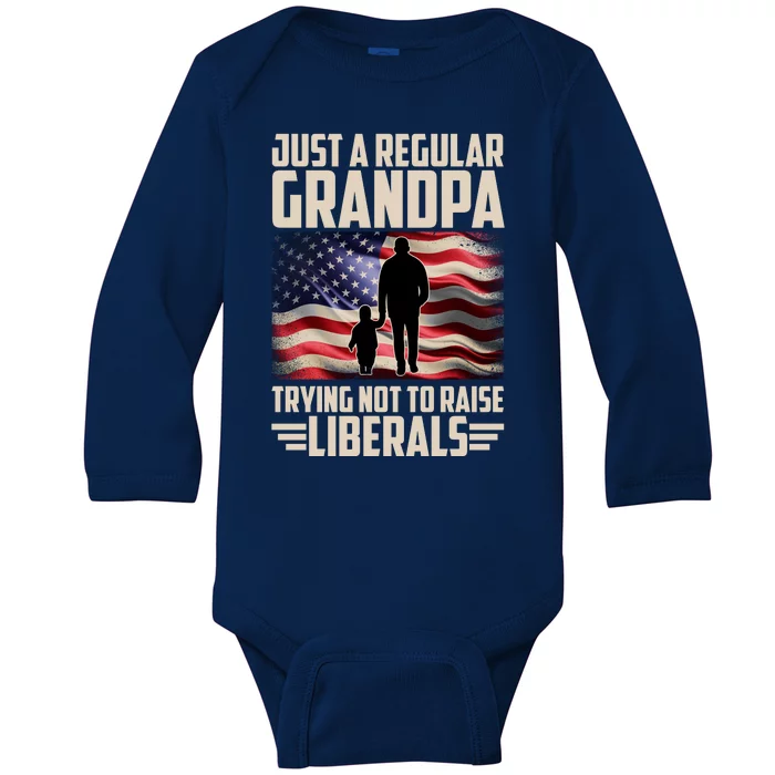 Just A Regular Grandpa Trying Not To Raise Liberals USA American Flag Baby Long Sleeve Bodysuit