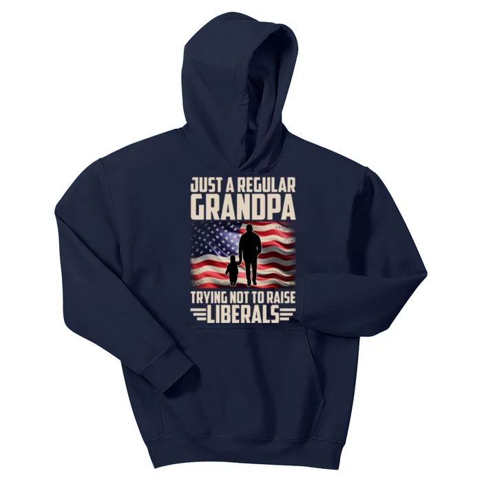 Just A Regular Grandpa Trying Not To Raise Liberals USA American Flag Kids Hoodie