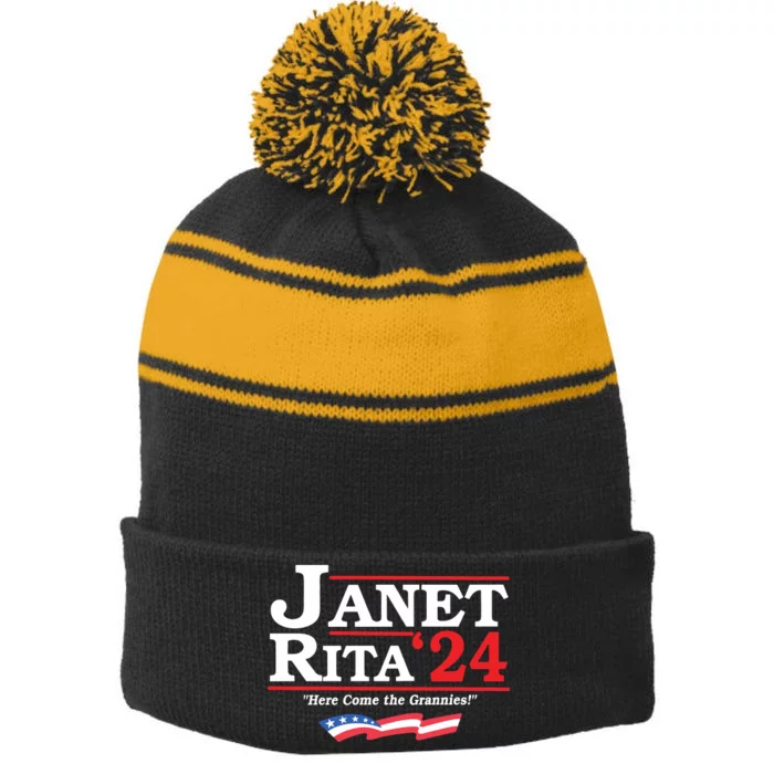 Janet And Rita For President 2024 Here Come The Grannies Stripe Pom Pom Beanie