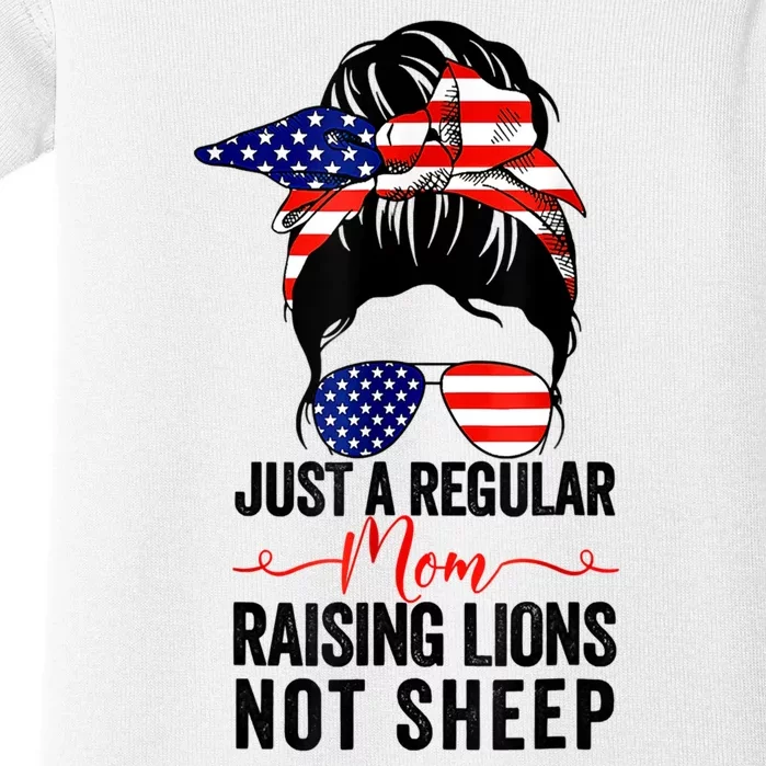 Just A Regular Mom Not Sheep Raising Lion Usa Flag Messy Bun Baby Bodysuit