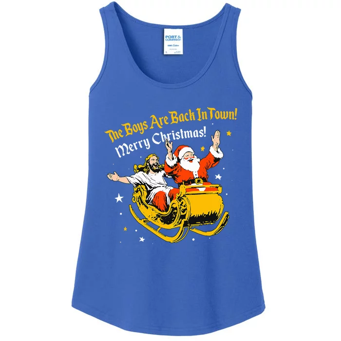 Jesus And Santa Claus The Are Back In A Town Christmas Ladies Essential Tank