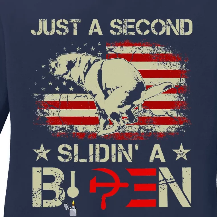 Just A Second Slidin A Biden Funny Saying Biden President Ladies Long Sleeve Shirt