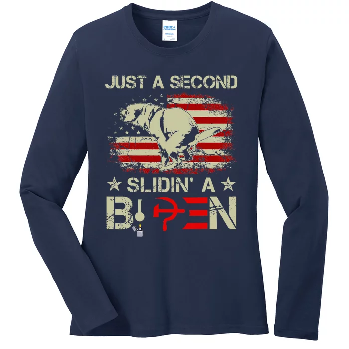 Just A Second Slidin A Biden Funny Saying Biden President Ladies Long Sleeve Shirt