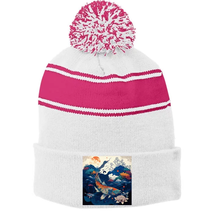 Japanese Art Samurai Aesthetic Koi Fish Stripe Pom Pom Beanie