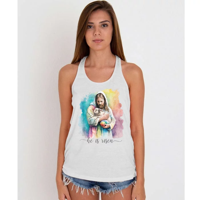 Jesus And The Easter Bunny He Is Risen Christian Women's Knotted Racerback Tank