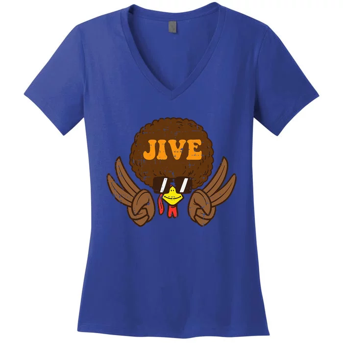 Jive Afro Turkey Peace Sign 70s Retro Thanksgiving Women's V-Neck T-Shirt