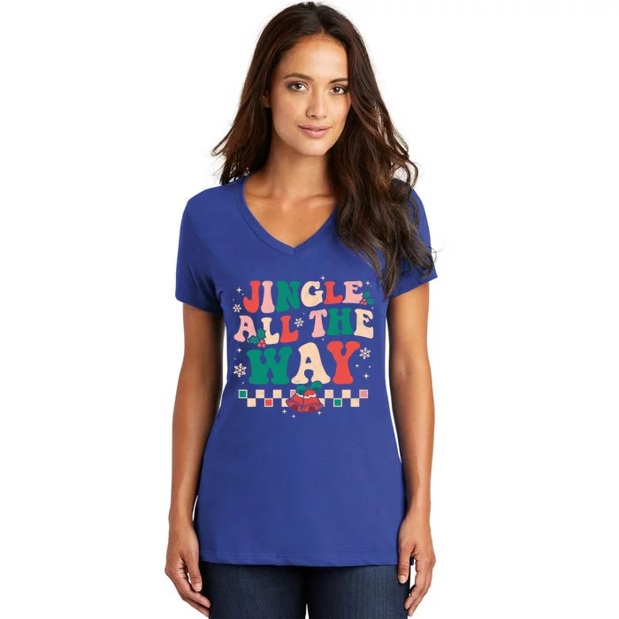 Jingle All The Way Groovy Retro Christmas Xmas Happy Holiday Gift Women's V-Neck T-Shirt