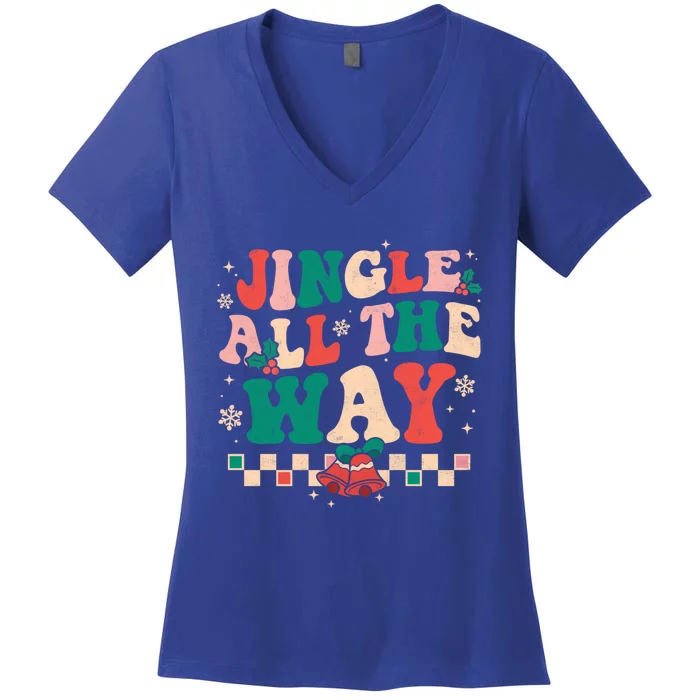 Jingle All The Way Groovy Retro Christmas Xmas Happy Holiday Gift Women's V-Neck T-Shirt