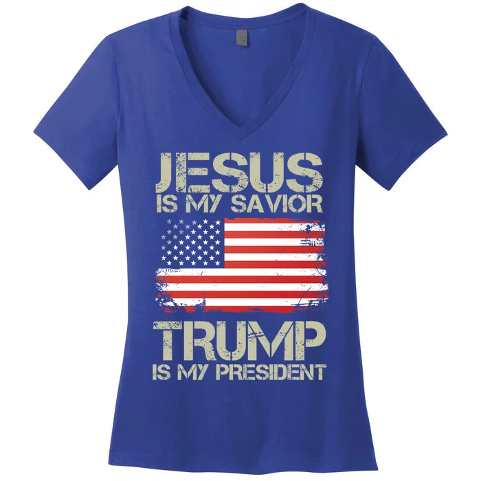 Jesus And Trump Is My President Funny Political Cool Gift Women's V-Neck T-Shirt