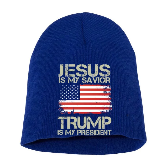 Jesus And Trump Is My President Funny Political Cool Gift Short Acrylic Beanie