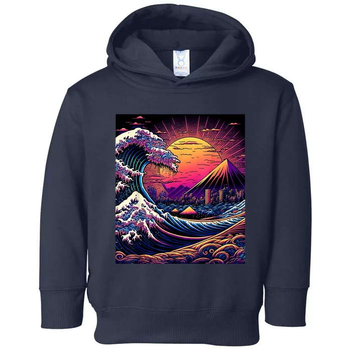 Japanese Art Ukiyoe Style Retrowave Great Wave Off Kanagawa Toddler Hoodie