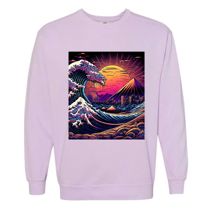 Japanese Art Ukiyoe Style Retrowave Great Wave Off Kanagawa Garment-Dyed Sweatshirt