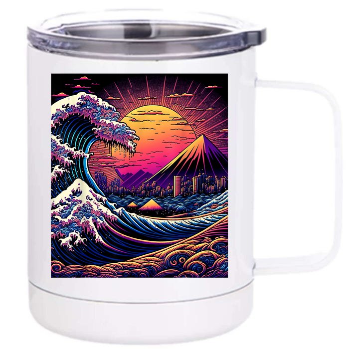 Japanese Art Ukiyoe Style Retrowave Great Wave Off Kanagawa Front & Back 12oz Stainless Steel Tumbler Cup