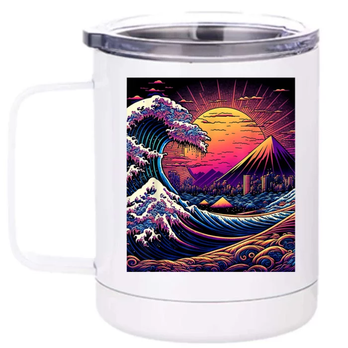 Japanese Art Ukiyoe Style Retrowave Great Wave Off Kanagawa Front & Back 12oz Stainless Steel Tumbler Cup