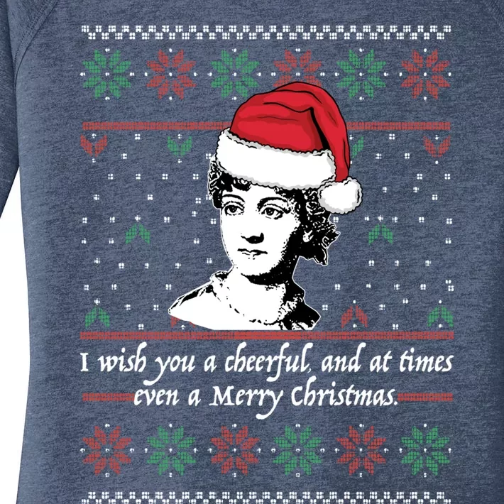 Jane Austen Ugly Christmas Sweater Design Santa Hat Meme Funny Gift Women's Perfect Tri Tunic Long Sleeve Shirt