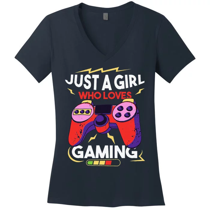 Just A Who Loves Gaming Merch Video Game Gamers Women's V-Neck T-Shirt