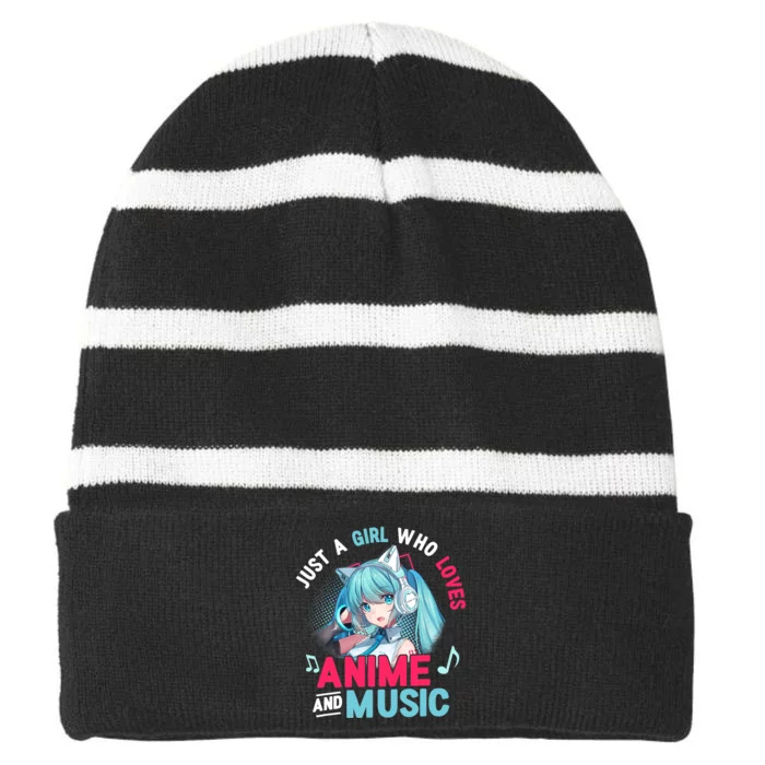 Just A Who Loves Anime And Music Anime Gift Girls Teens Striped Beanie with Solid Band