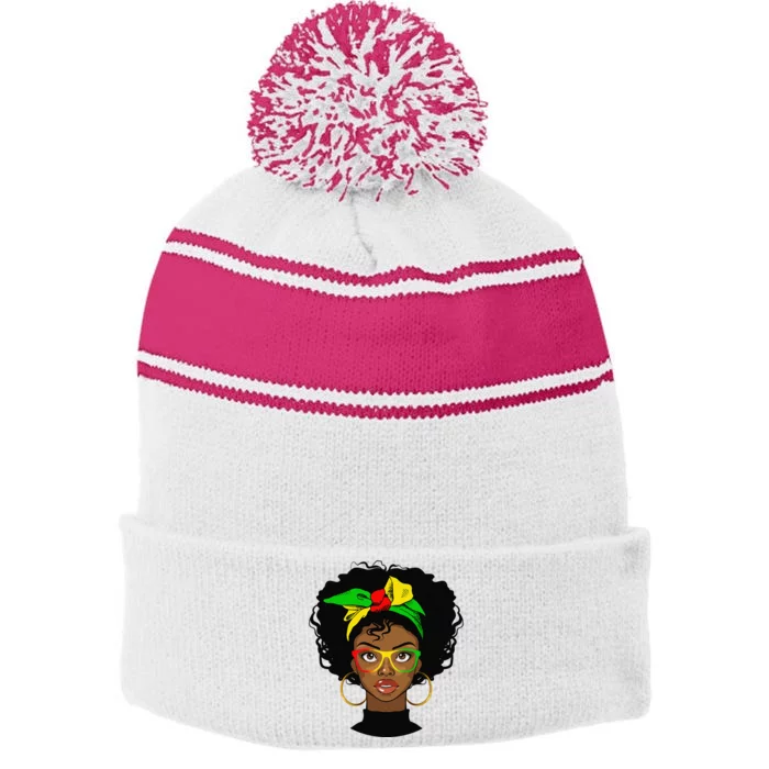 Juneteenth Afro Woman Black Queen African American Melanin Stripe Pom Pom Beanie