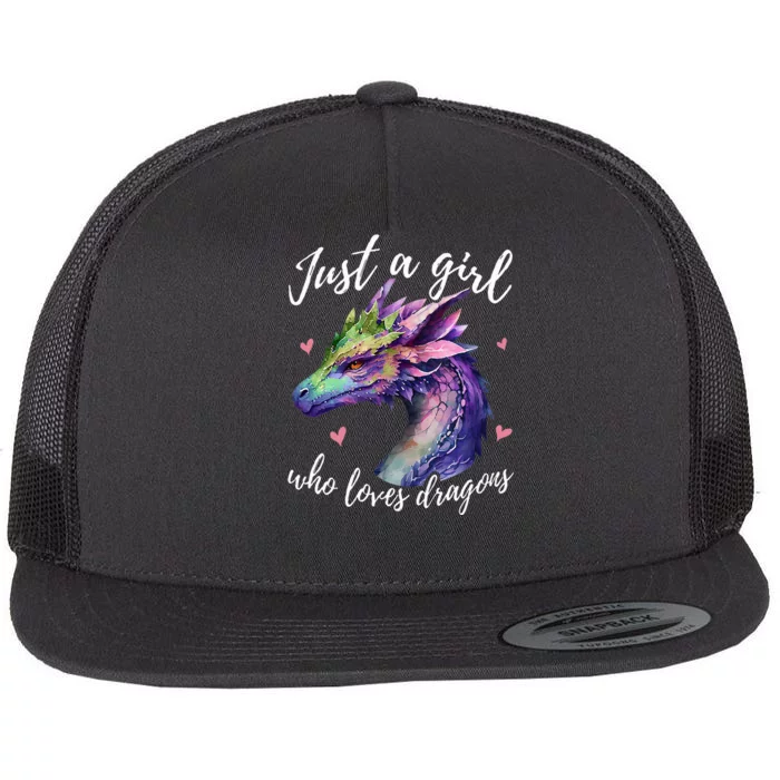 Just A Who Loves Dragons Cute Dragon Watercolor Flat Bill Trucker Hat