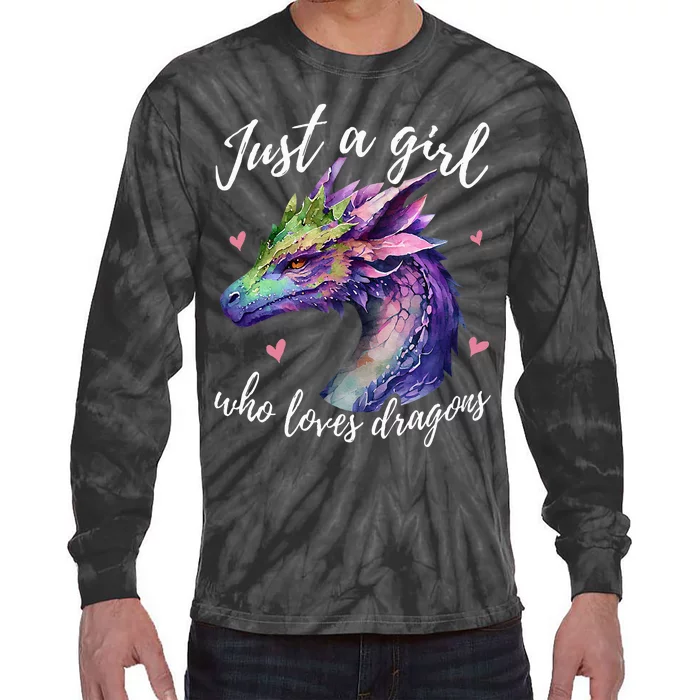 Just A Who Loves Dragons Cute Dragon Watercolor Tie-Dye Long Sleeve Shirt