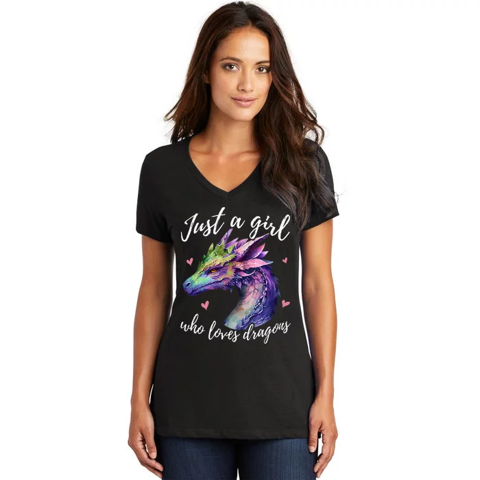 Just A Who Loves Dragons Cute Dragon Watercolor Women's V-Neck T-Shirt