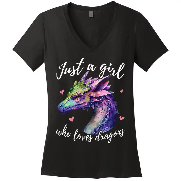 Just A Who Loves Dragons Cute Dragon Watercolor Women's V-Neck T-Shirt