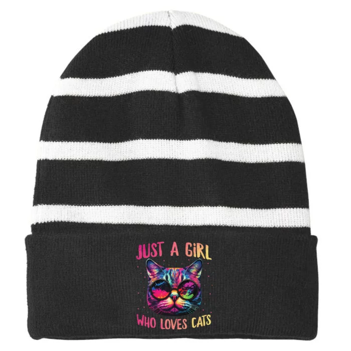 Just A  Who Loves Cats Cute Cat Lover Striped Beanie with Solid Band