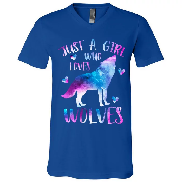 Just A Who Loves Wolves Watercolor Cute Wolf Love Cool Gift V-Neck T-Shirt