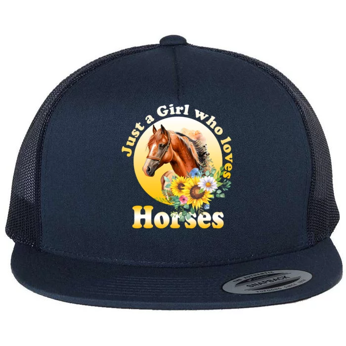 Just AGirl Who Loves Horses Sunflower Cute Gift Flat Bill Trucker Hat