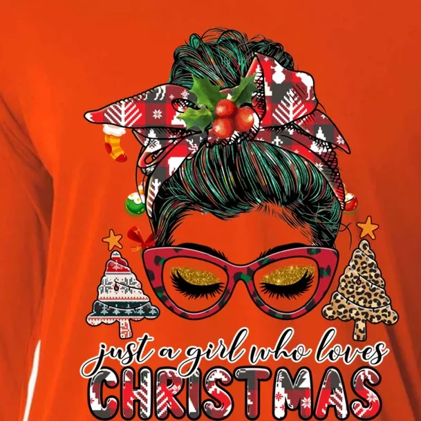 Just A Who Loves Christmas Messy Bun Buffalo Gift Cooling Performance Long Sleeve Crew