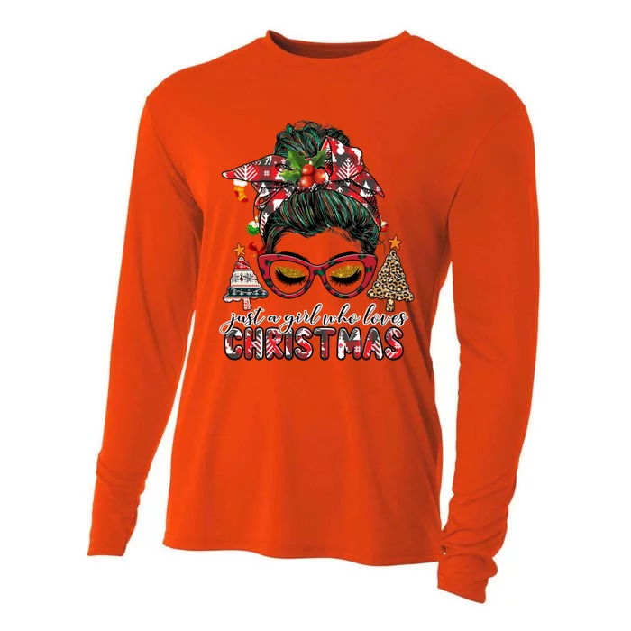 Just A Who Loves Christmas Messy Bun Buffalo Gift Cooling Performance Long Sleeve Crew