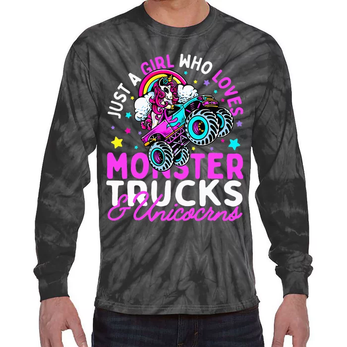 Just a Who Loves Monster Trucks and Unicorns Gift Tie-Dye Long Sleeve Shirt