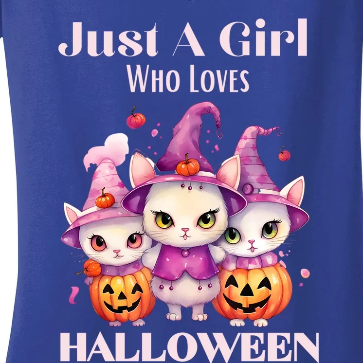 Just A Who Loves Halloween Cute Cat Pumpkin Gift Women's V-Neck T-Shirt