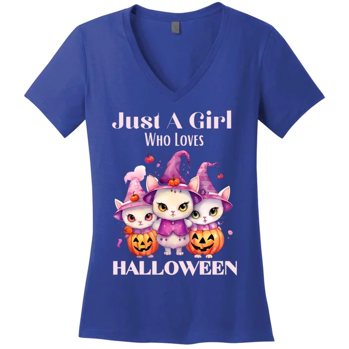 Just A Who Loves Halloween Cute Cat Pumpkin Gift Women's V-Neck T-Shirt