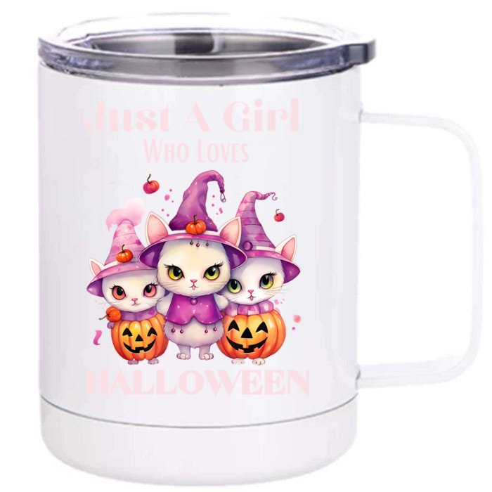 Just A Who Loves Halloween Cute Cat Pumpkin Gift Front & Back 12oz Stainless Steel Tumbler Cup