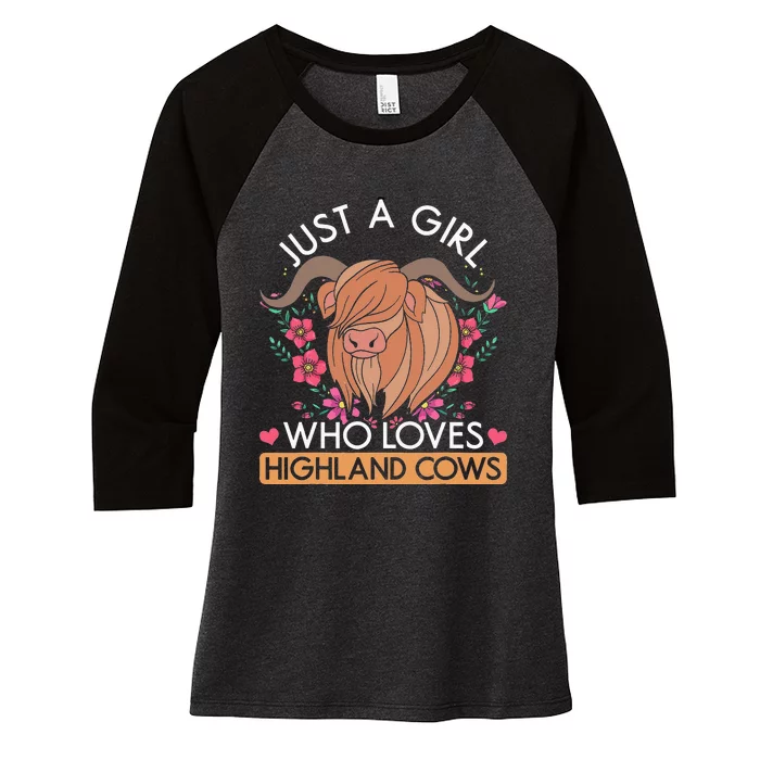 Just A Who Loves Highland Cows Hairy Cow Flowers Women's Tri-Blend 3/4-Sleeve Raglan Shirt