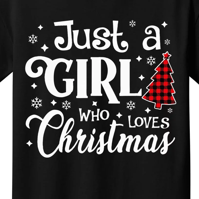 Just A who Loves Christmas Tree Xmas Buffalo Plaid Kids T-Shirt