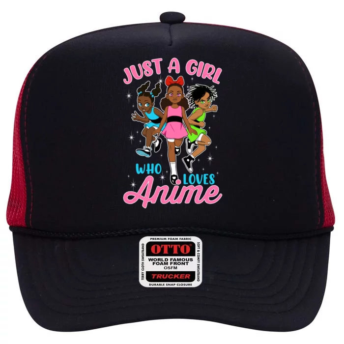 Just A Who Loves Anime African American Afro Melanin Gift High Crown Mesh Trucker Hat