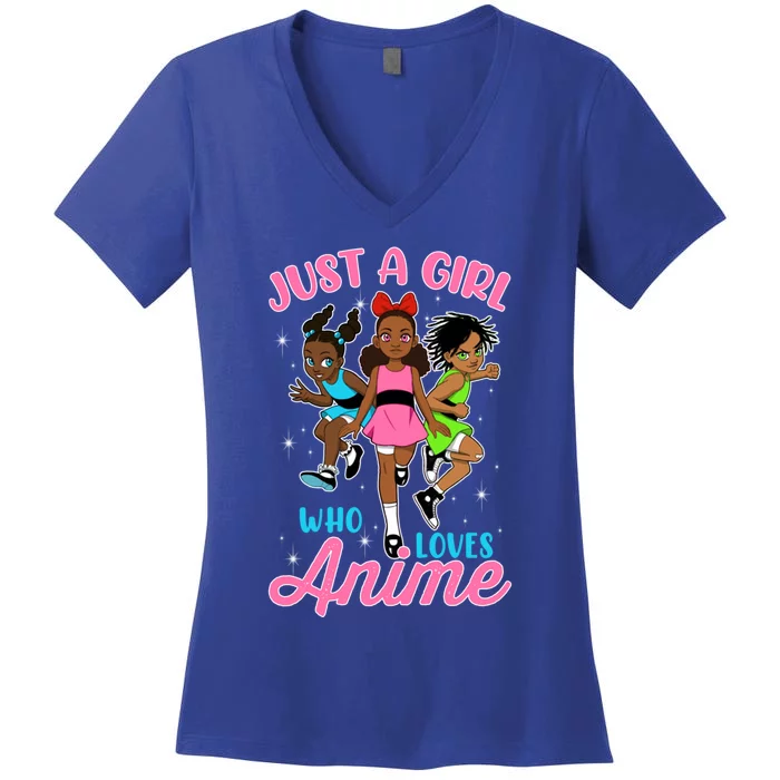 Just A Who Loves Anime African American Afro Melanin Gift Women's V-Neck T-Shirt