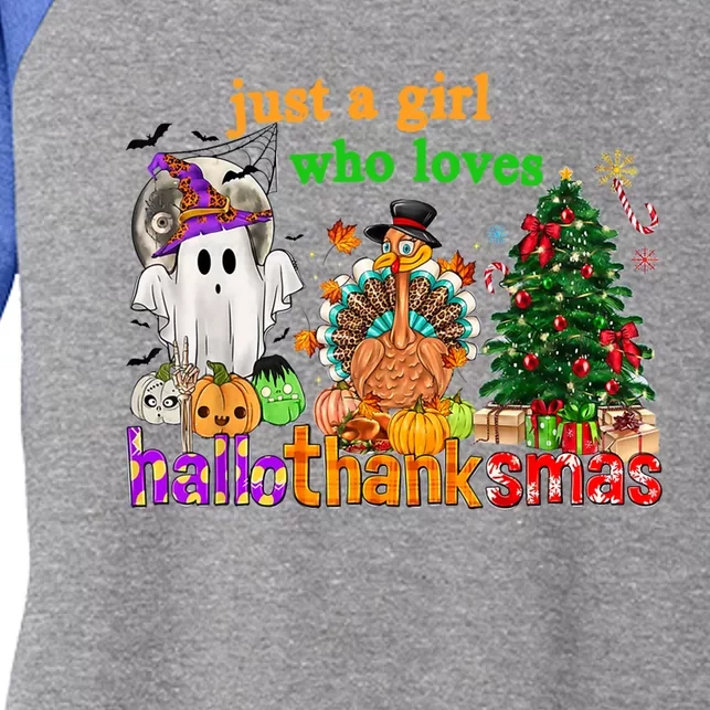 Just A Who Loves Hallothanksmas Happy Hallothanksmas Gift Women's Tri-Blend 3/4-Sleeve Raglan Shirt