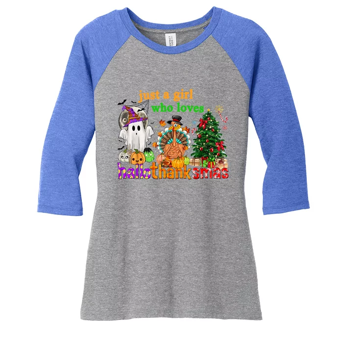 Just A Who Loves Hallothanksmas Happy Hallothanksmas Gift Women's Tri-Blend 3/4-Sleeve Raglan Shirt