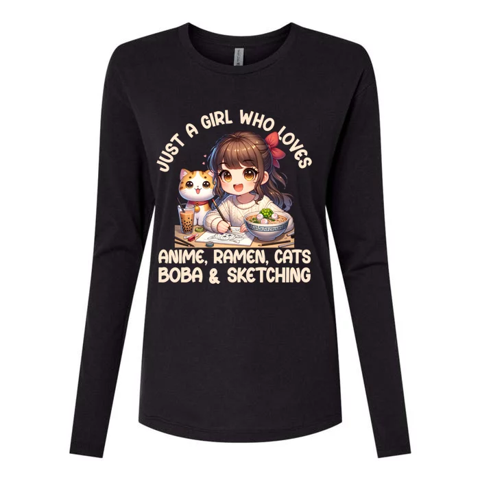 Just A Who Loves Anime Ra Cats Boba And Sketching Gift Womens Cotton Relaxed Long Sleeve T-Shirt