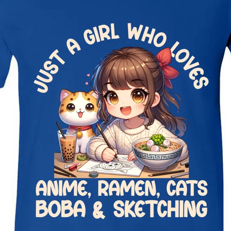 Just A Who Loves Anime Ra Cats Boba And Sketching Gift V-Neck T-Shirt