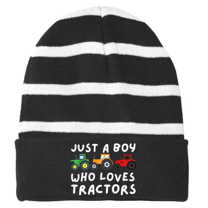 Just A Who Loves Tractors Farmer & Farming Gift Striped Beanie with Solid Band