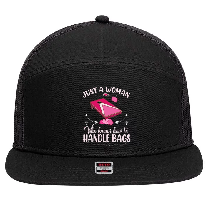 Just A Woman Who Knows How To Handle Bags Women Cornhole 7 Panel Mesh Trucker Snapback Hat