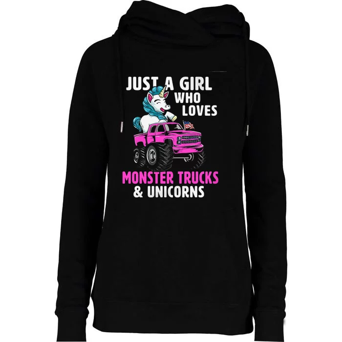 Just A Who Loves Monster Trucks And Unicorns Gift Womens Funnel Neck Pullover Hood